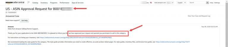 A screen shot of the Amazon account page showcasing category approval.