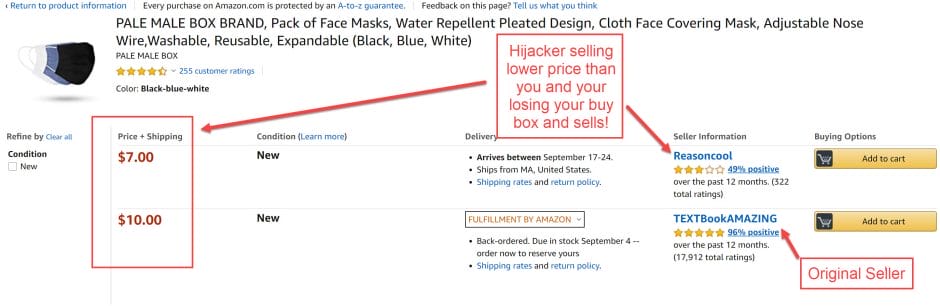 An Amazon page displaying price information of a product to identify potential hijackers.